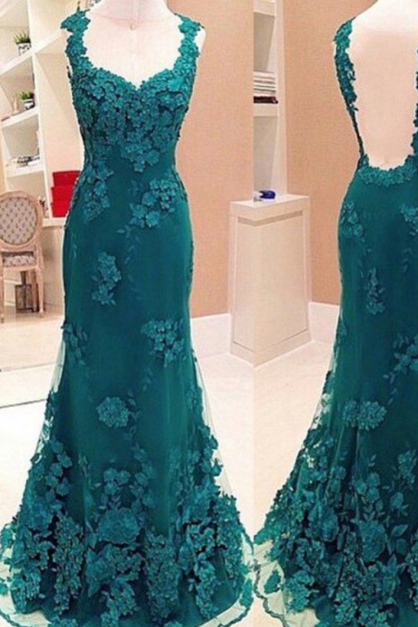 Trumpet Mermaid Scoop Neck Dark Green Tulle Appliques Lace Long Prom Dress