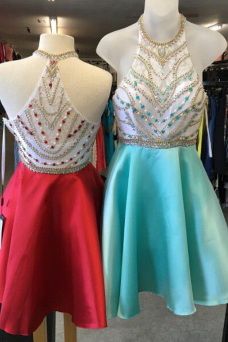 Homecoming Dresses Mint Sleeveless Matte Satin Side-Zipper Beaded Mini Jewels A Line