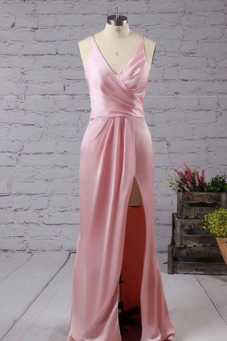 Pink V-neck Satin Chiffon Floor-length With Split Front Prom Dresses