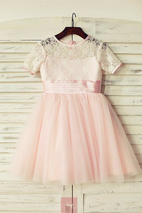 Flower Girl Dresses Princess Jewel Short Sleeves Lace Floor-Length Tulle Flower Girl Dresses