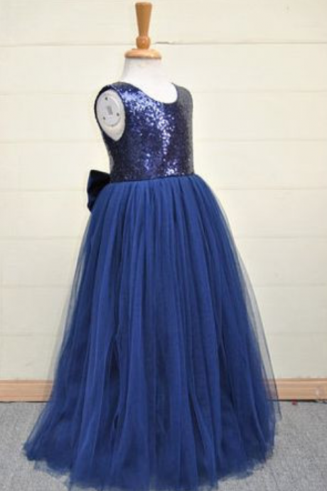Flower Girl Dresses Long Navy Girl Pageant Dress With Back Bow
