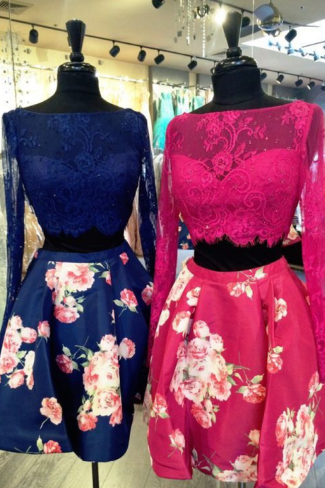 Homecoming Dresses Royal Blue Long Sleeves Lace/satin Hollow Printed Above-knee Scoop A-line/column