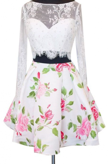 Two-piece Bateau Long Sleeves Above-knee White Floral Print Satin Lace Homecoming Dress With Beading Homecoming