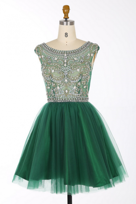 Green Beaded Embellished Round Neck Sleeveless Short Tulle Homecoming Dress Featuring Plunge V Back, Formal Dress