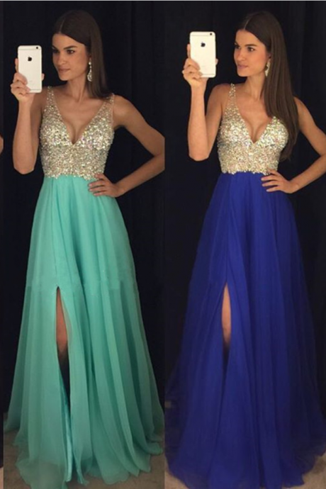  Long Chiffon ,V Neck Long Party Dress,Beaded Crystals Prom Dresses,Long Evening Dresses with Slit,Backless Long Formal Gowns,Long Graduation Dresses 