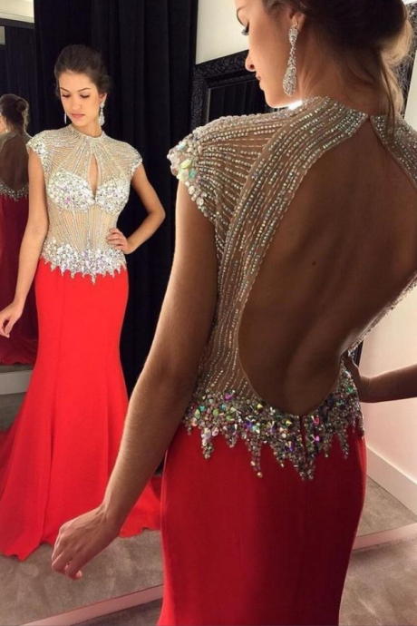  Gorgeous Red Crystals Prom Dresses High Neck Chiffon Beading Evening Gown Backless