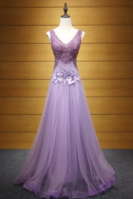 Purple A-line V-neck Floor-length Tulle Prom Dress With Beading