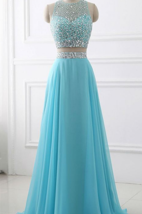 Blue Two Piece Chiffon Beaded Sparkle Long Prom Dress, Two Piece Junior Party Dress, Formal Gowns