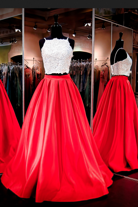 Two Pieces Party Dresses Two Straps White Lace Top Red Satin Princess A Line Evening Prom Formal Gowns