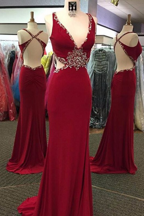 Sexy Open Back Party Dresses Evening V-neck Criss Cross Strap Crystal Beads Sequins Prom Dresses Long Dark Red