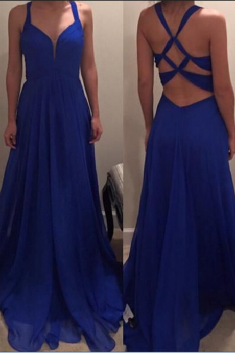 Sexy Royal Blue Color Prom Dress Evening Party Gown Cross Back 