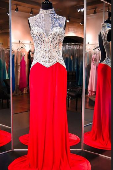 High Neck Sleeveless Red Evening Dresses Prom Dresses With Beading
