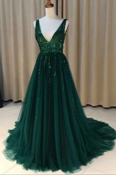 Dark Green Tulle Prom Dress, Backless V Neck Long Evening Dress,