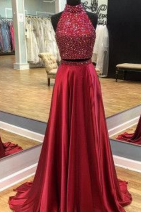 Sparkly Beaded Prom Dress, Sexy Burgundy Prom Dresses With Slit, Long Evening Party Dress