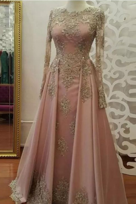 A-line Prom Dresses, Scoop Long Sleeve ,pink Applique, Long Prom Dress, Evening Dresses , Evening Gowns, 2018 Fashion ,prom Dresses