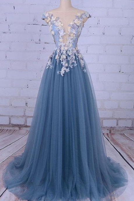  Long,deep V neck , Lace and Tulle ,Prom Dresses,flowered , Formal ,Evening Dresses ,with Flowers ,Prom Dresses ,2018 prom dress,evening dress