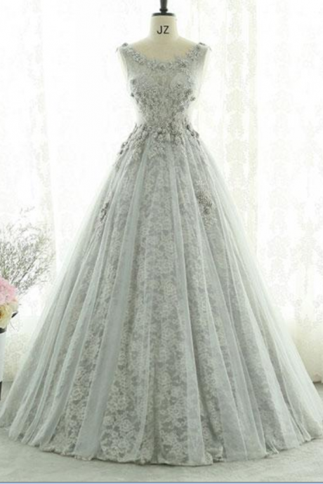 Gray Lace Tulle Long Prom Dress, Gray Evening Dress ,pd180220