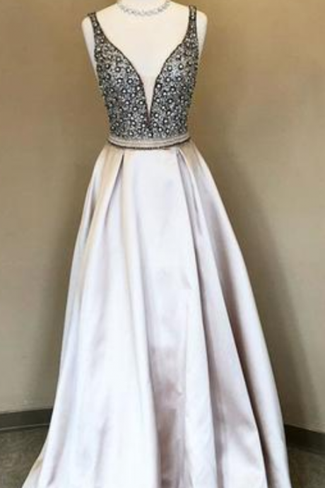 Stylish A-line Deep V-neck Prom Dress,light Champagne Long Prom Dresses,prom/evening Dress With Beading