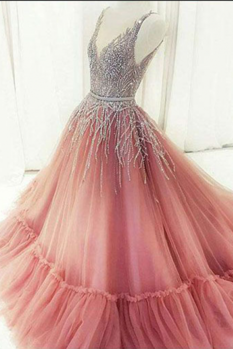 Speical V Neck Long Pink Prom Dresses Evening Dresses Birthday Dresses