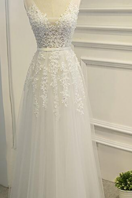 Lovely White Long Tulle Evening Formal Dresses, Long Prom Dresses 2018, V-neckline Lace Applique Party Dresses.p883