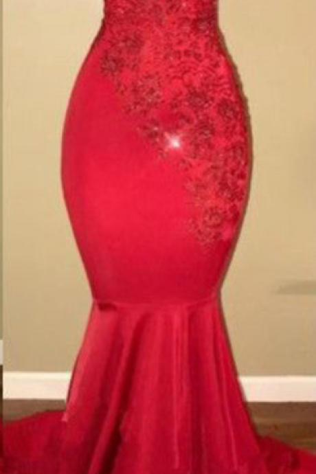  Sexy Prom Dresses,Halter Prom Gown,Mermaid Prom Dress,2018 Prom Dress,Lace Appliques Prom Dresses,Red Prom Dress ,P934