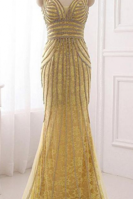 V-neck Beaded Lace Mermaid Long Prom Dress, Evening Dress,p733