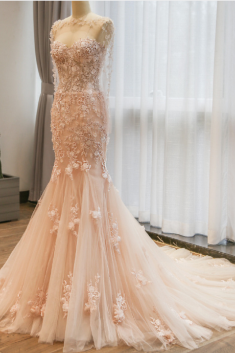 Elegant Wedding Dress ,Mermaid Lace Wedding Dress,Pink Wedding Gown,Sweetheart Neckline Bridal Gown Flowers Beaded Wedding Dress,P714