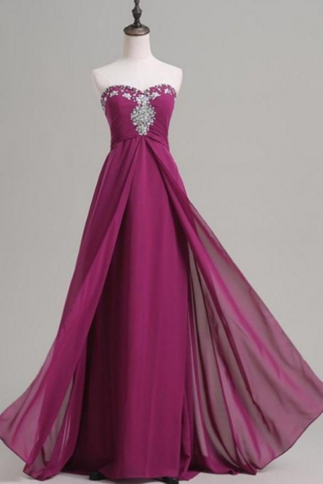 A Line Prom Dresses, Purple A-line/princess Prom Dresses, Princess Long Prom Dresses, 2017 Strapless Long Modest Simple Beaded Chiffon Prom