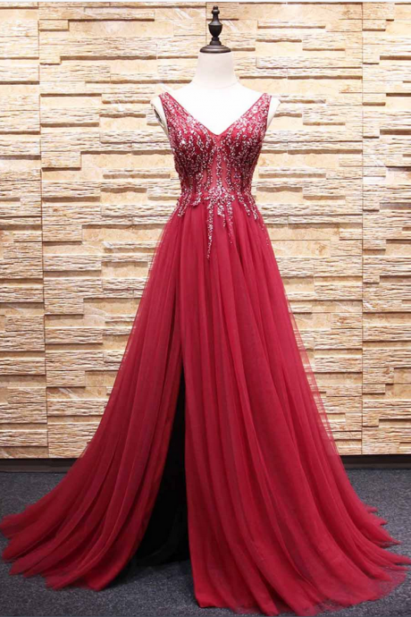 Red V Neck Crystals Tulle Slit Long Prom Dresses Sexy Party Dress