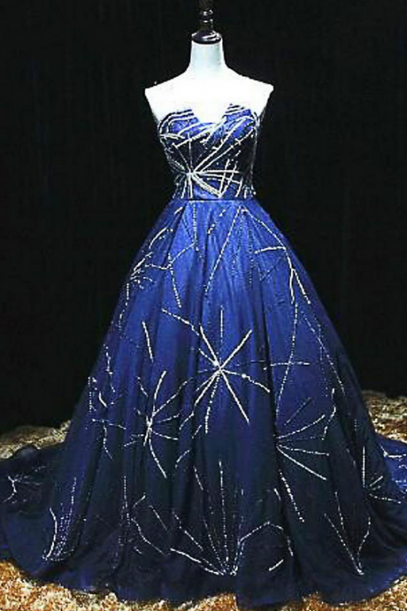 Royal Blue Tulle V Neck Strapless Long Evening Dress, Long Spring Party Dress,p656