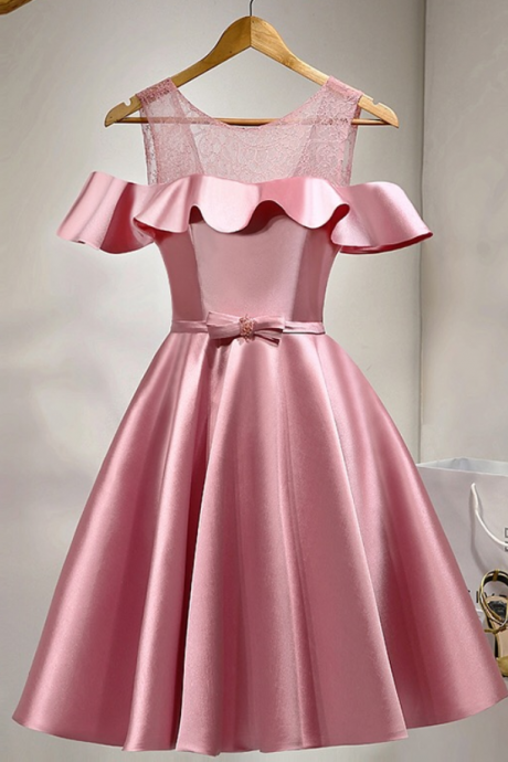 Party Dresses,cute Party Dress, A Line Party Dress, Pink Homecoming Dresses,ruffled Satin Homecoming Dresses,knee Length Homecoming Dresses