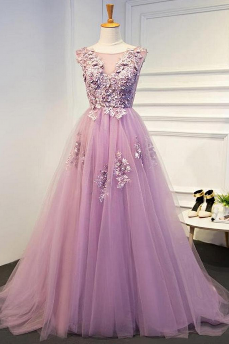 Pink Lace Beaded A Line Tulle Evening Prom Dresses, Party Prom Dresses, Long Prom Dress,