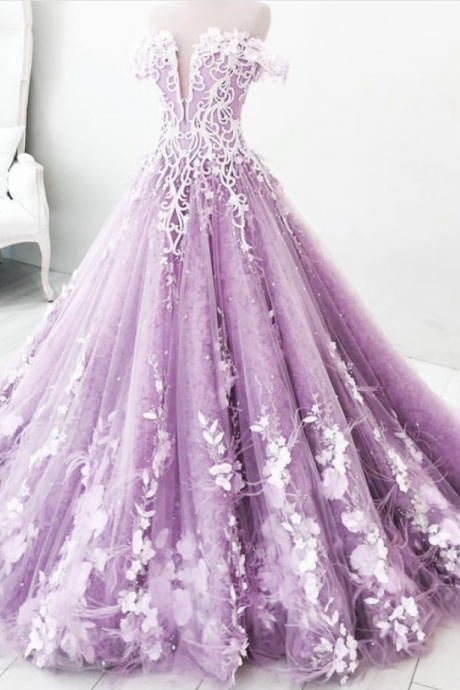Ball Gown Off-the-Shoulder Lilac Tulle Appliques Prom Dress,Floor Length Ball Gown Evening Dress,Tulle Party Dress