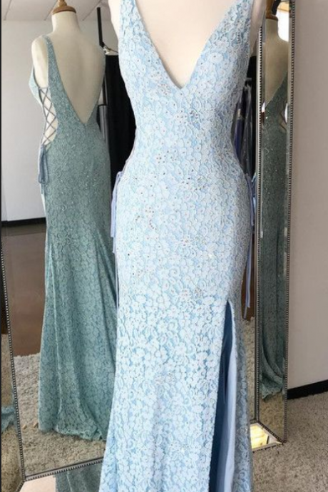 Mermaid V-neck Backless Sweep Train Blue Lace Prom Dress With Sequins