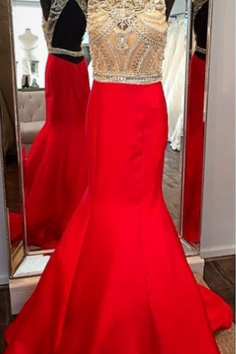 Red Crystal Backless Mermaid Prom Dresses