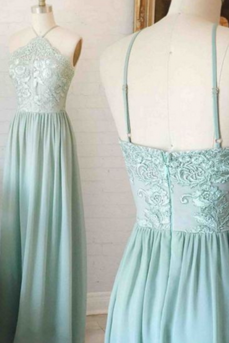 Mint Halter Lace Appliqués Chiffon A-line Floor-length Prom Dress, Evening Dress