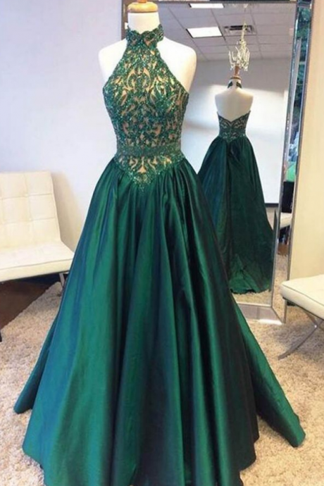  Elegant halter green satin long prom dress with lace beading ,green evening dresses