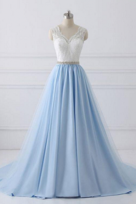 Blue Long Satin And Lace Elegant Prom Dress, Charming Gowns, Prom Dress