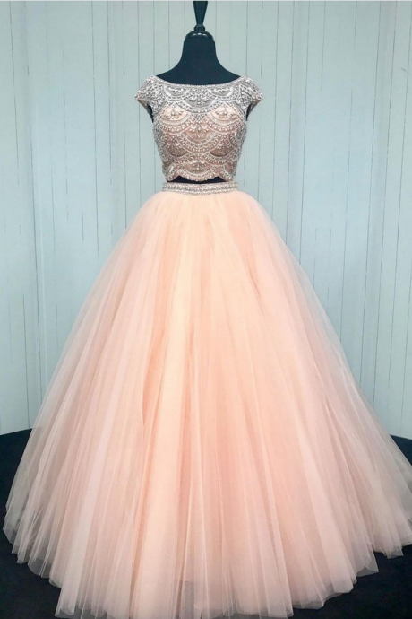 Two Pieces Cap Sleeves Charming Light Pink Tulle A-line Long Prom Dress