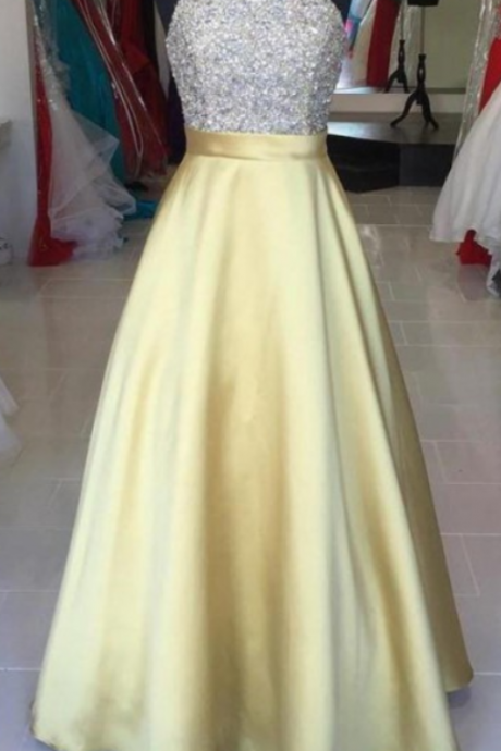 Round Prom Dresses, Yellow Long Prom Dresses, Yellow Satin Evening Dresses,Long Halter Party Dresses,Beading Simple Cheap Prom Dresses