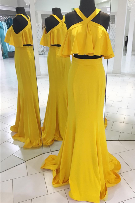 Two Piece Yellow Long Prom Dress With Ruffle,prom Dresses,evening Dress, Prom Gowns, Formal Women Dress