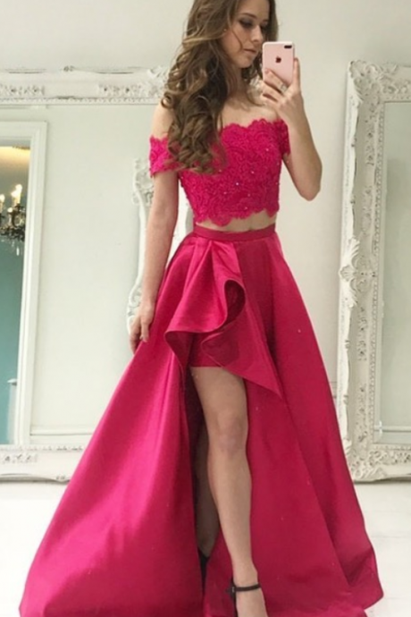 Rose Pink Boat Neck Prom Dress,Lace Two Piece Prom Dresses,Leg Slit Beaded Satin Prom Gown,Long Homecoming Dresses