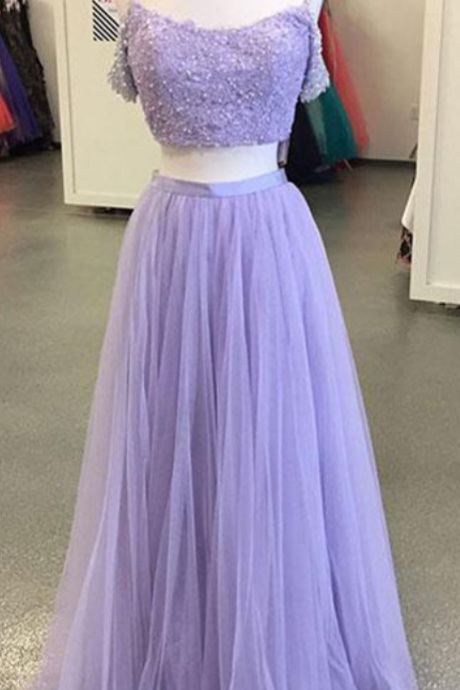 Elegant Two Piece A-line Prom Dress,off-the-shoulder Prom Dresses,lavender Long Prom/evening Dress With Lace