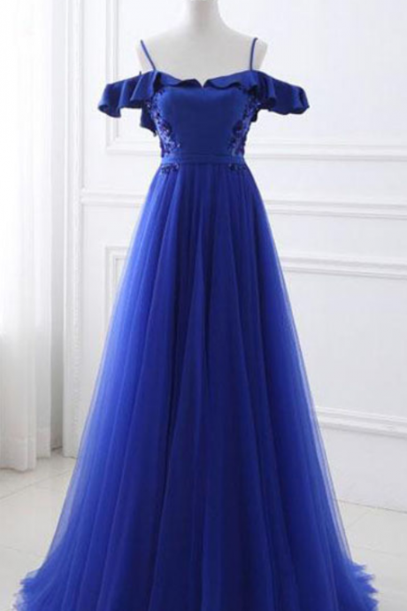 Elegant A-line Off-the-shoulder Prom Dresses,royal Blue Long Prom/evening Dress With Appliques