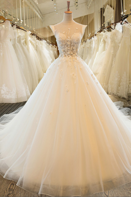 Lace Wedding Gown , A-Line Bridal Dress, Applique Wedding Dresses, Beading Wedding Dress, Elegant Wedding Dress, Cap Sleeve Wedding Dress