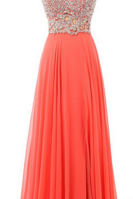  Orange chiffon beaded prom dresses,V-neck A-line open back prom dress,long evening dresses for teens,long prom dress with straps