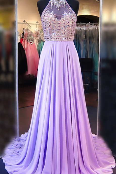 A Line Cowl Neck Sleeveless Prom Dresses,long Pleated Beaded Lilac Prom Dress Open Back