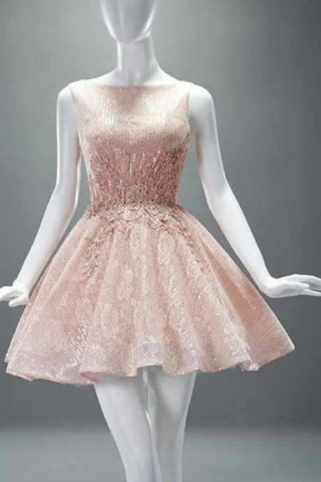 Custom Made Pink Lace Prom Dress,sexy V-back Party Dress,sleeveless Evening Dress,mini Beaded Homecoming Dress