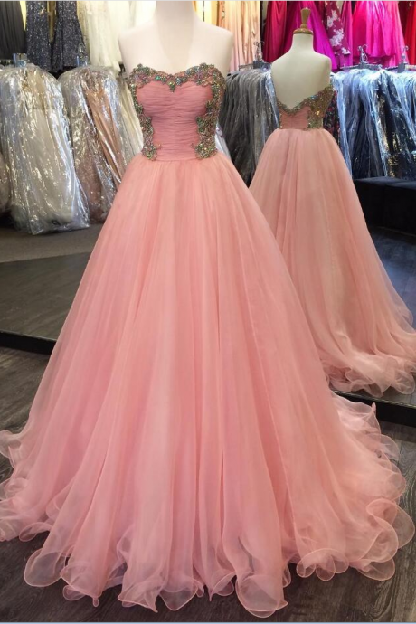 Beauty Colorful Beading Prom Dress,Chiffon Sweetheart Puffy Organza Prom Dresses Long