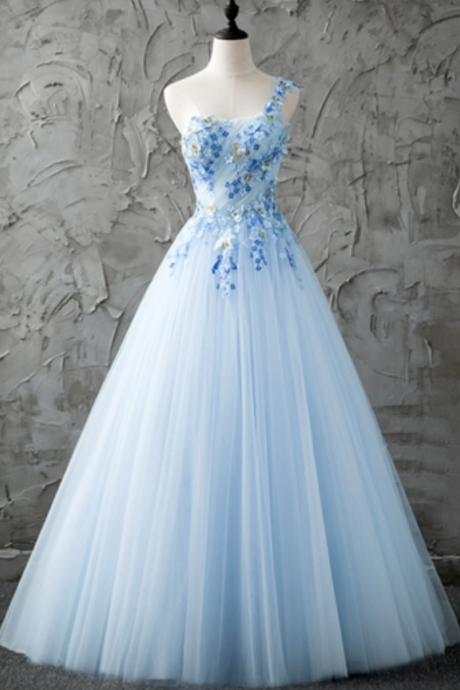 Blue One-shoulder Prom Dresses,a-line Beading Formal Dresses,pleats Floor-length Prom Dress